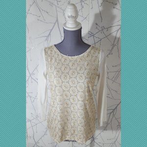 J. Crew White & Gold Floral Embroidered Overlay Long Sleeve Top